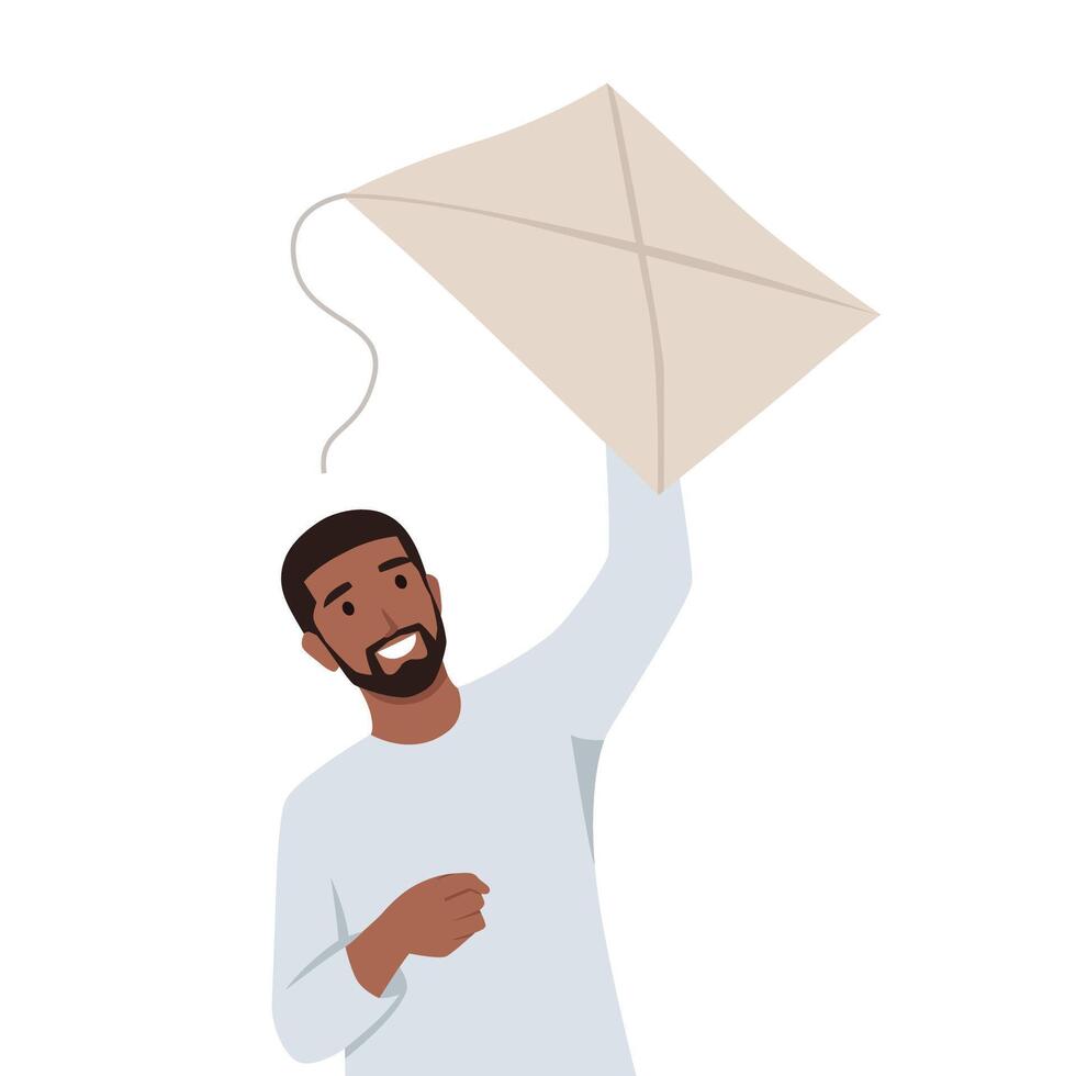 Young man start to fly a kite. vector