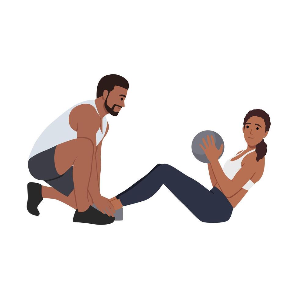 Young couple do sit up exercise with medicine ball. vector