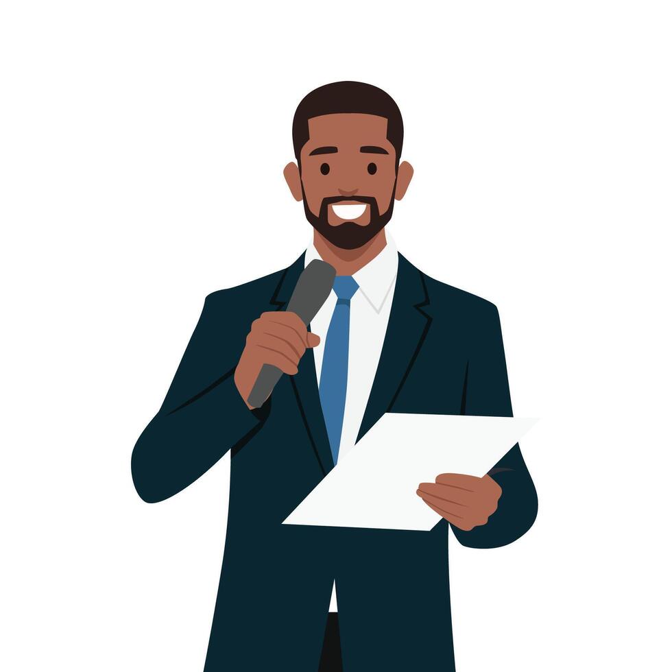Young businessman at successful public speaking. vector