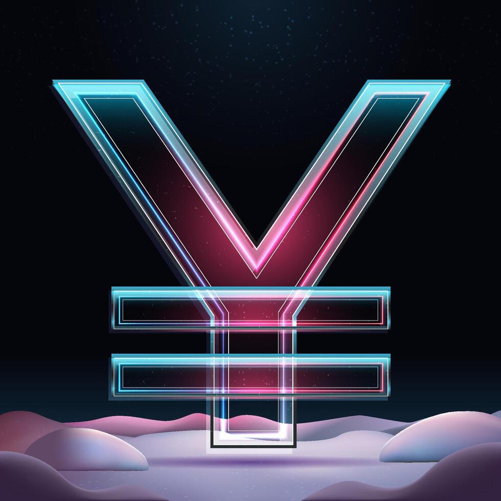 Realistic 3D rendering big glass Jena and Yuan sign. Asian money sing with neon glow and sparkles insight. Futuristic winter illustration vector