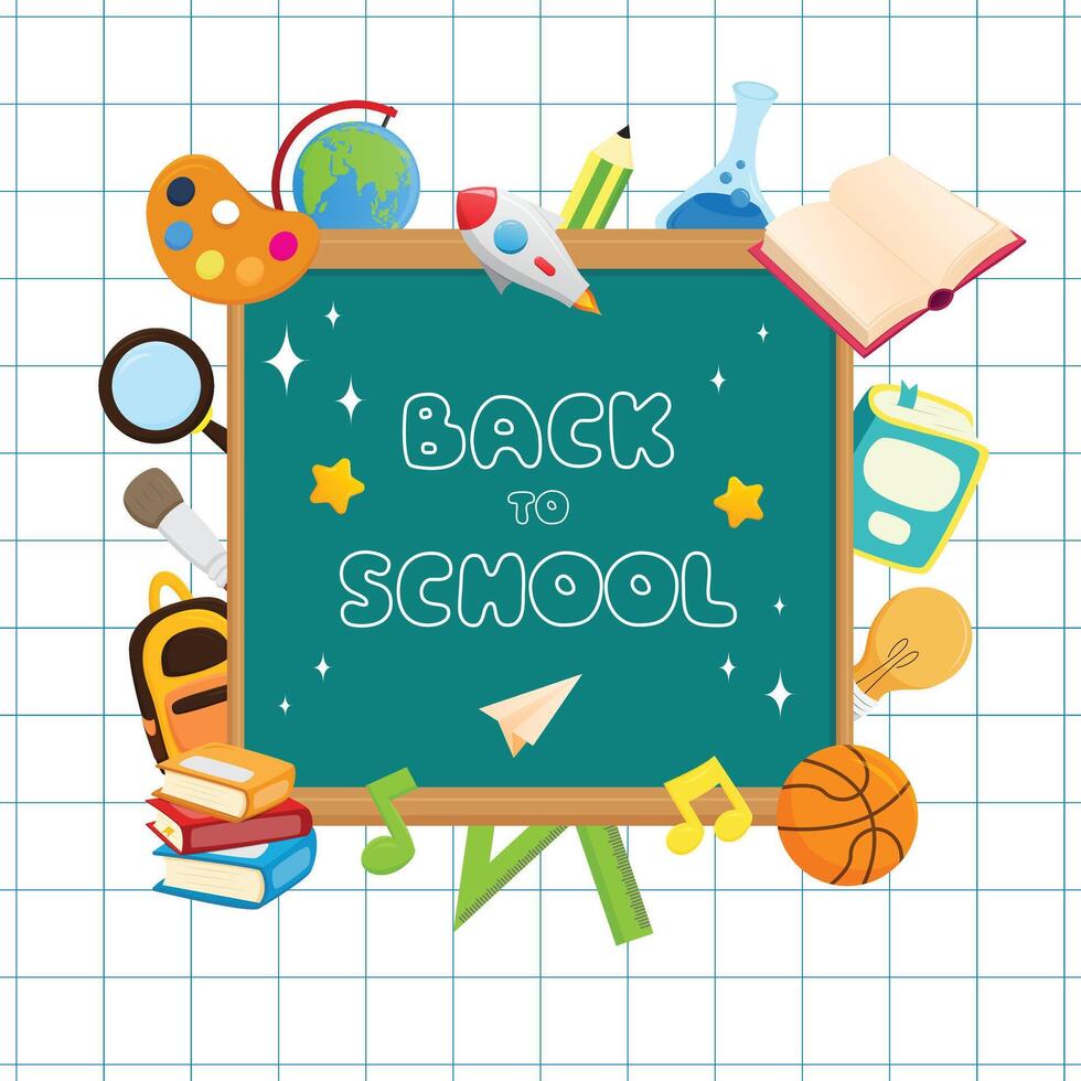 back to school poster blackborde on white paper grid illustration design vector