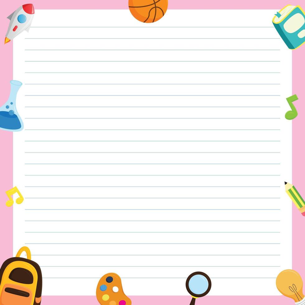 Lined note paper card with creative educational school student skill art music sience patterns vector