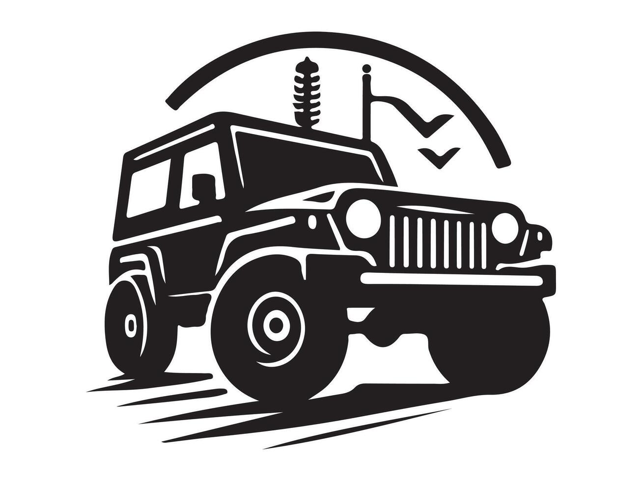a black and white image of a jeep with a wheat field vector