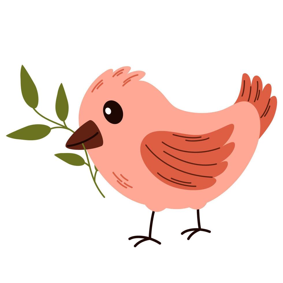 Cute bird holding autumn branch with leaves. Beautiful birdie standing with sprig of pretty plant. Colored flat illustration isolated on white background. vector