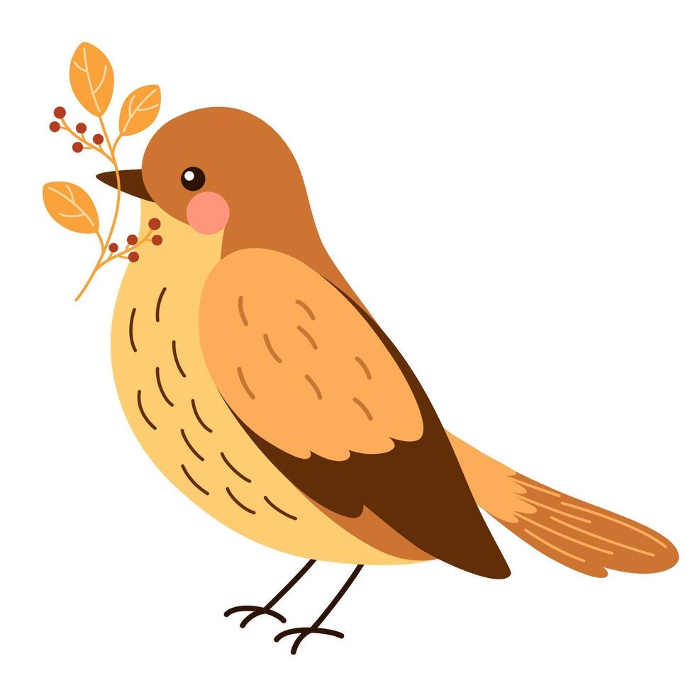 Cute bird holding branch with red autumn berries. Beautiful birdie standing with sprig of pretty plant. Colored flat illustration isolated on white background. vector