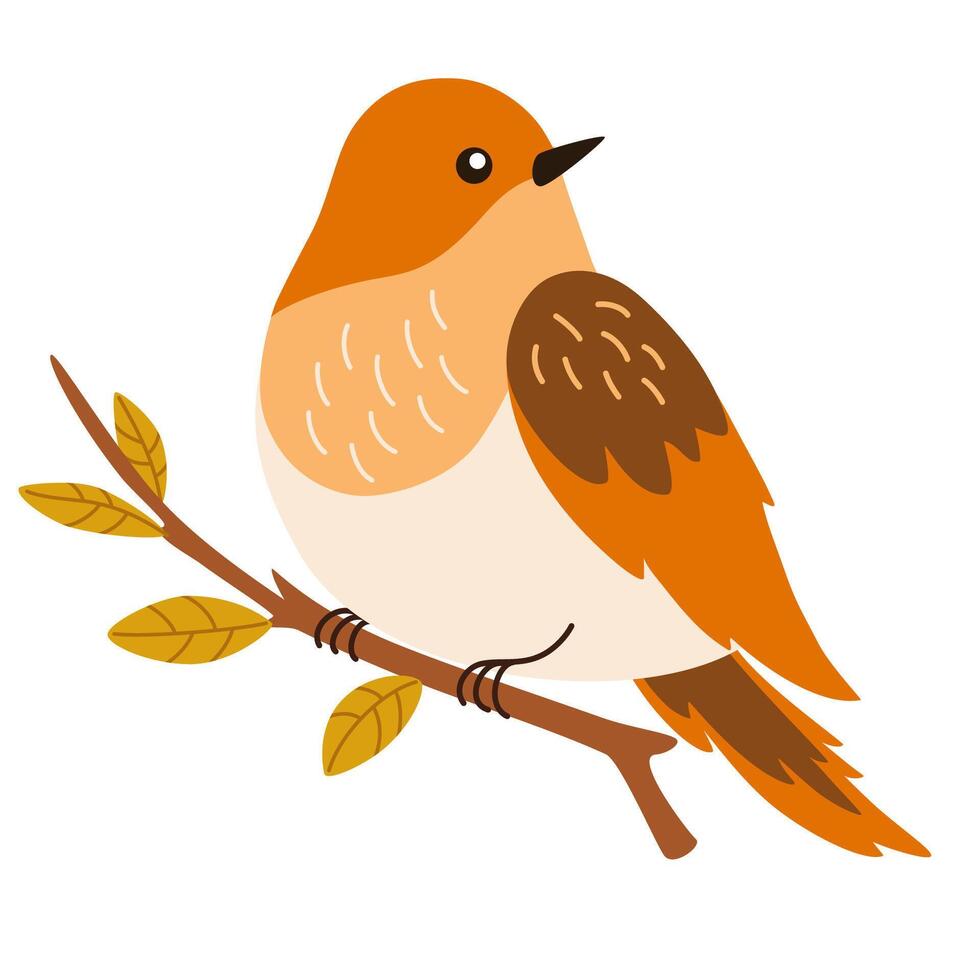 Cute bird sitting on an autumn branch with leaves. Beautiful birdie with sprig of pretty plant. Colored flat illustration isolated on white background. vector