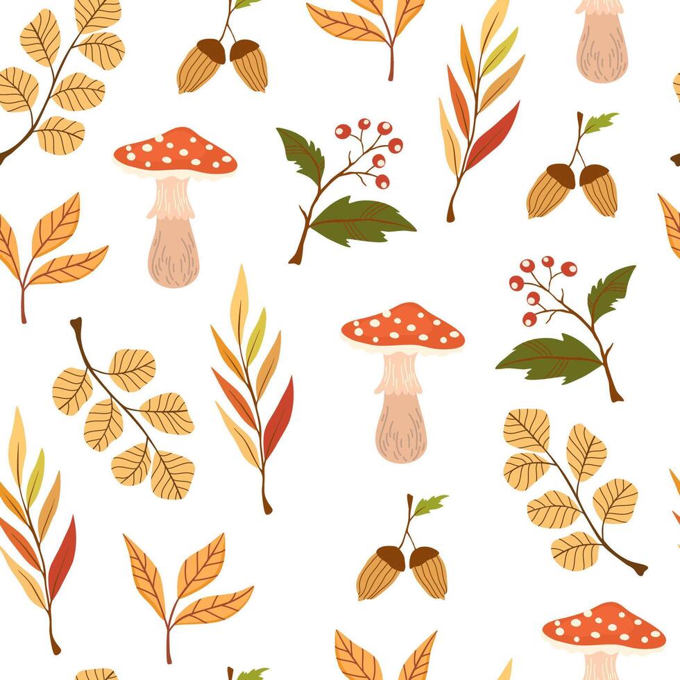 Fall flat seamless pattern. Autumn decorative background with pumpkins. Forest leaves and mushrooms texture. Fall season foliage and berries wrapping paper, textile, wallpaper design vector