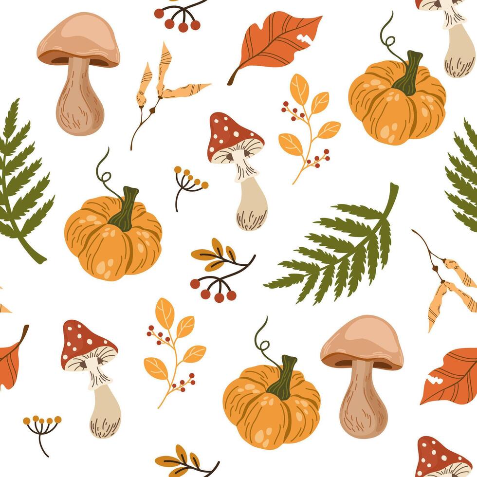 Fall flat seamless pattern. Autumn decorative background with pumpkins. Forest leaves and mushrooms texture. Fall season foliage and berries wrapping paper, textile, wallpaper design vector