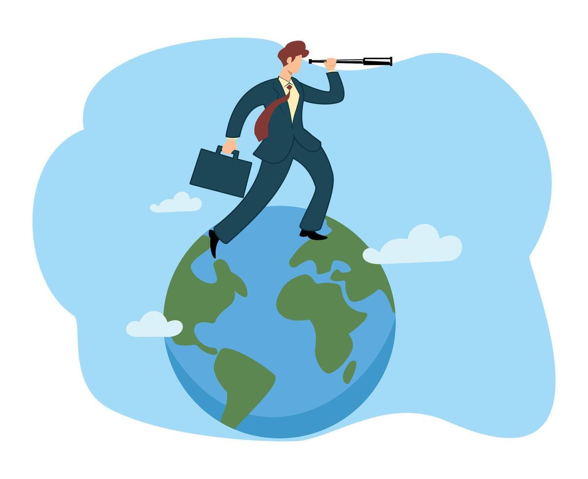global business vision world economics or business opportunity concept smart businessman standing on globe using telescope to see business vision future vector