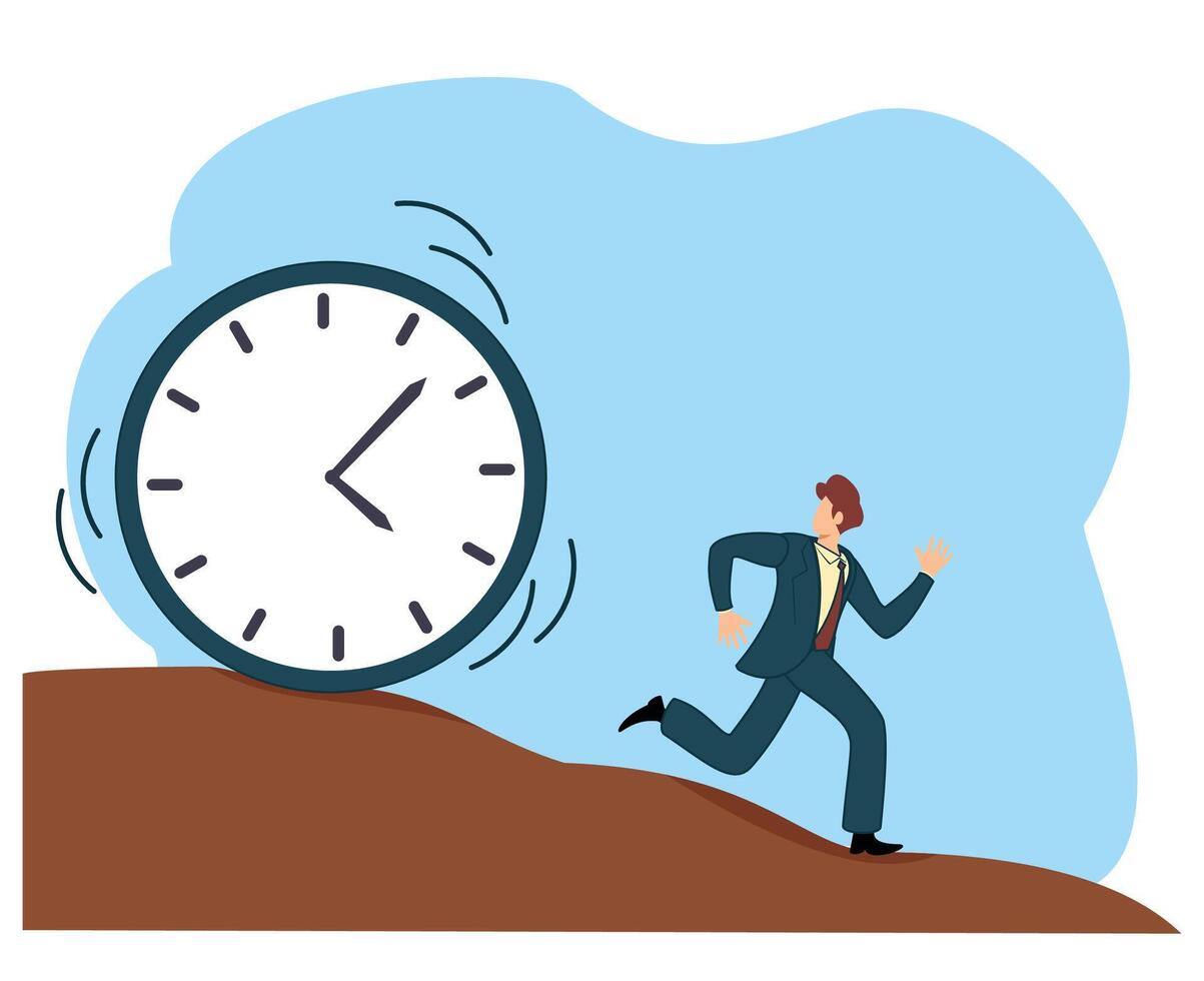 time management concept or tried businessman running away from falling rolling huge clock down hill vector