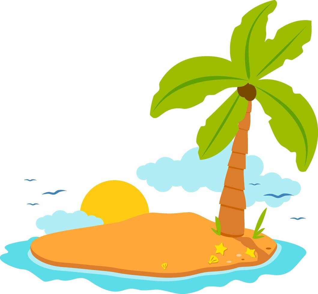 Summer vacations at the beach on an island with a coconut palm tree, sun and sea shells. Exotic island in the blue water ocean. vector