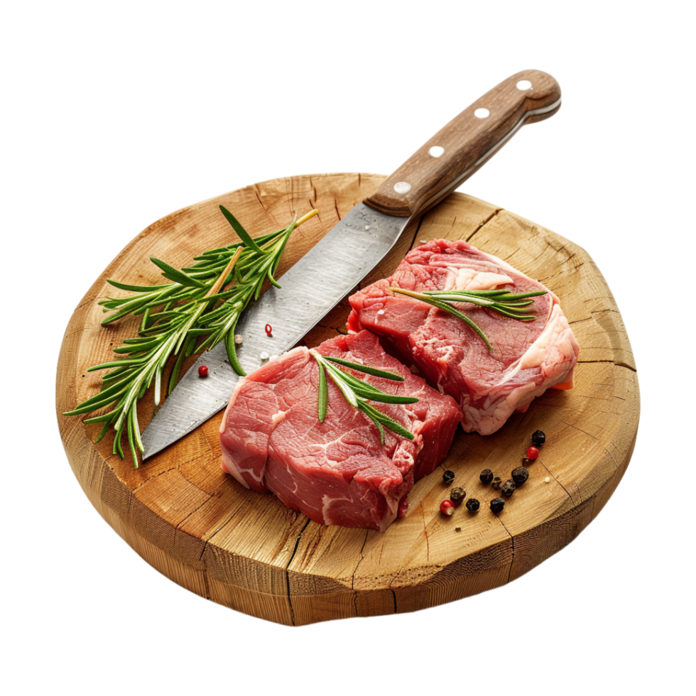 Beef Raw Meat with Knife on wooden Plate on Transparent Background png