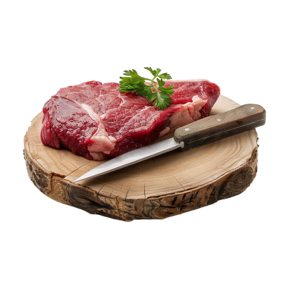 Beef Raw Meat with Knife on wooden Plate on Transparent Background png