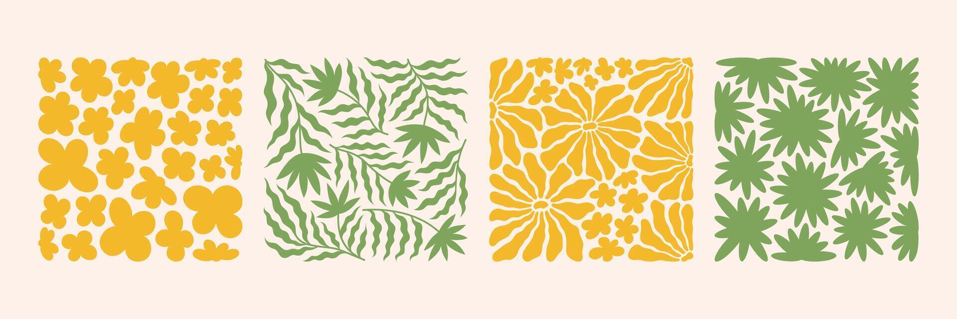 Contemporary naive flower patterns. Doodle 70s trendy style. Groovy floral posters vector