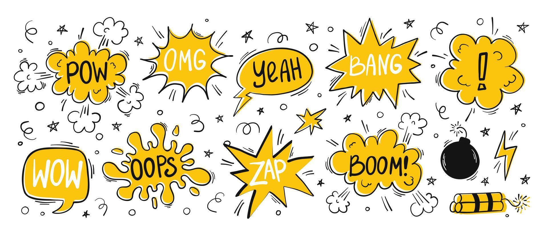 Hand drawn set of comics bombs and explosions. Speech bubbles with words pow, wow, bang and boom. Doodle illustration vector