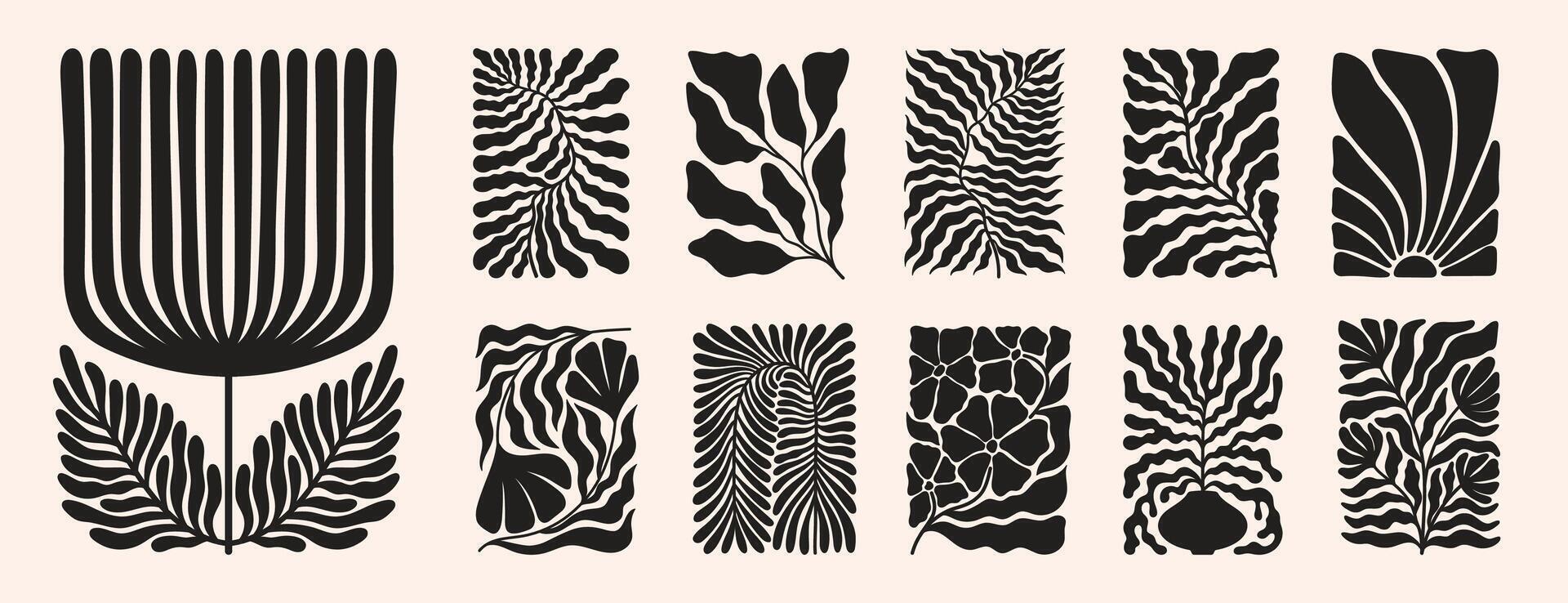 Modern poster with retro 70s vibes, showcasing a groovy floral pattern. Matisse-style leaf shapes and organic doodles create a vibrant and dynamic design. vector