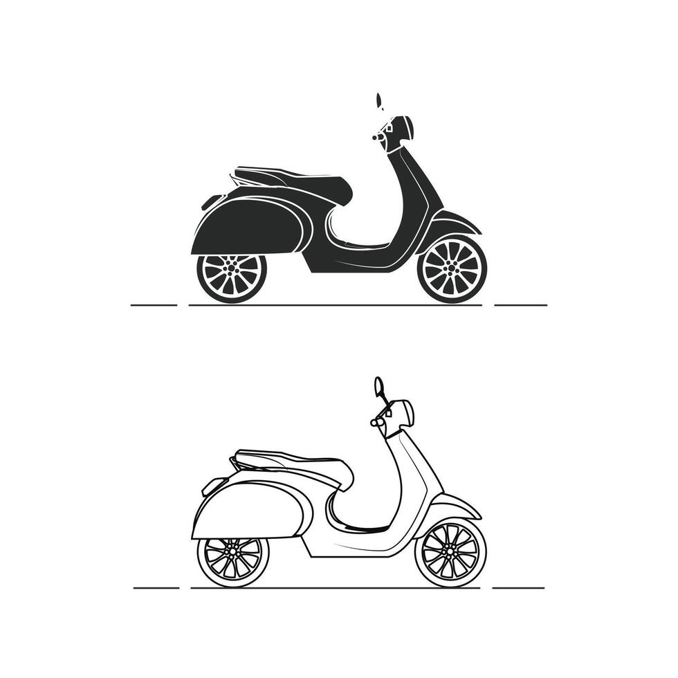 two black and white illustrations of a scooter, silhouette and line art vector