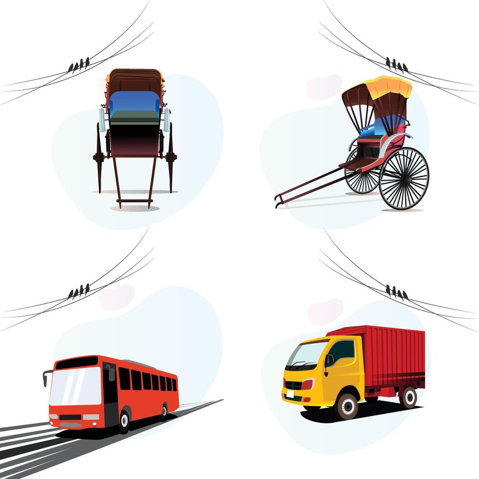 four different types of transportation, including a rickshaw, a bus and a truck vector