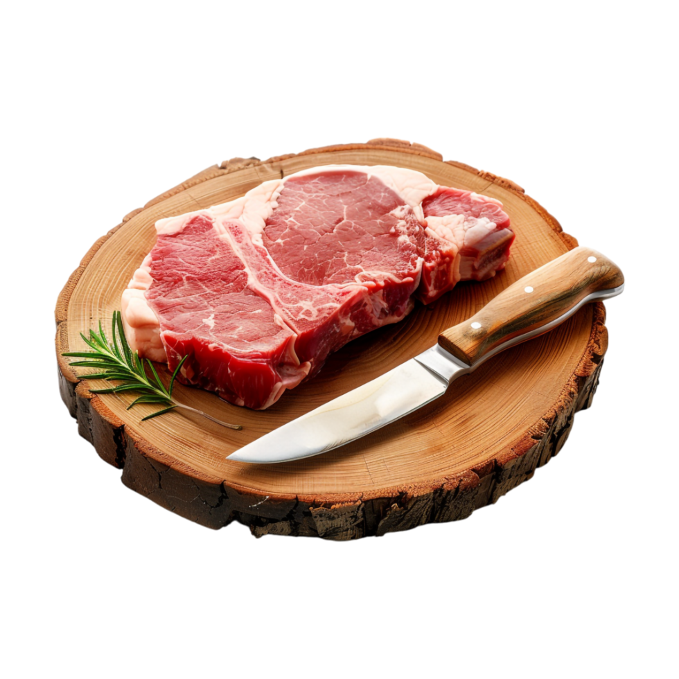 Beef Raw Meat with Knife on wooden Plate on Transparent Background png
