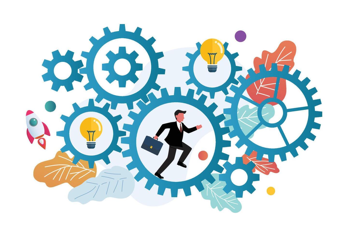 Businessman running in gear wheels. power of motivation. vector
