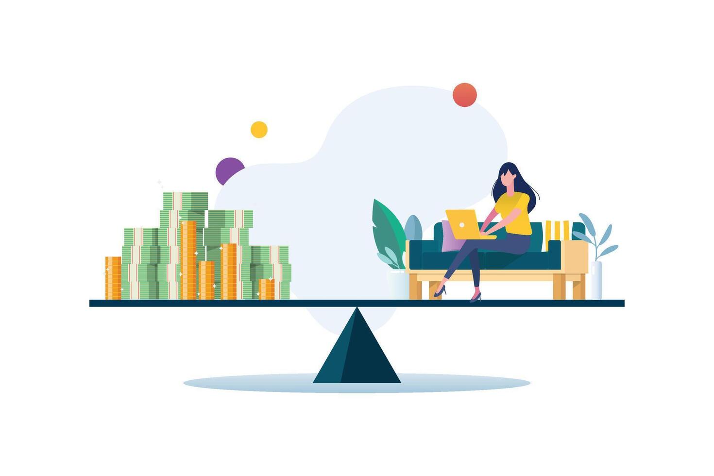 Working hard businesswoman compare with money on balance scale vector