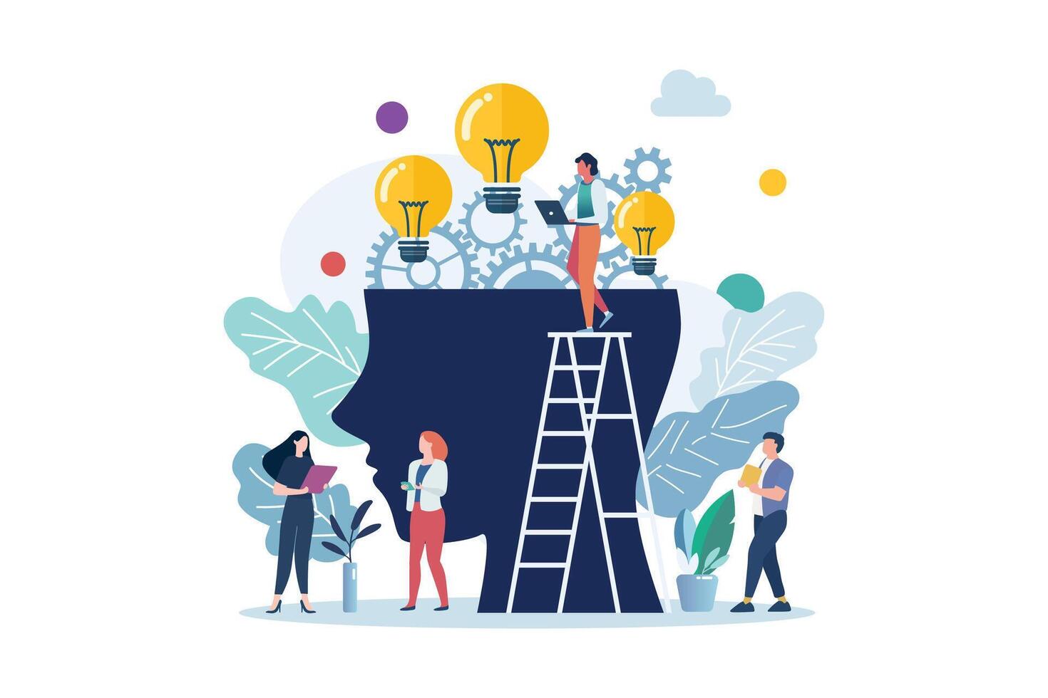 People characters with light bulb and gear wheels in the human head vector
