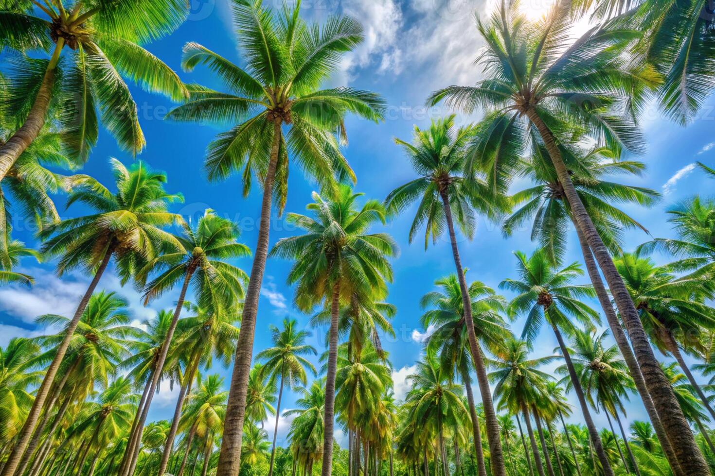 Palm trees onat the background of blue sky photo