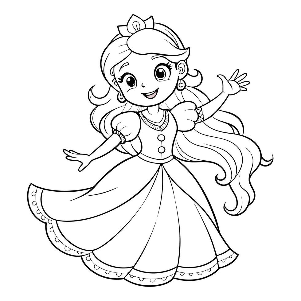 Cute cartoon princess wearing a crown and smiling, Black and white drawing of a princess wearing a crown and smiling vector