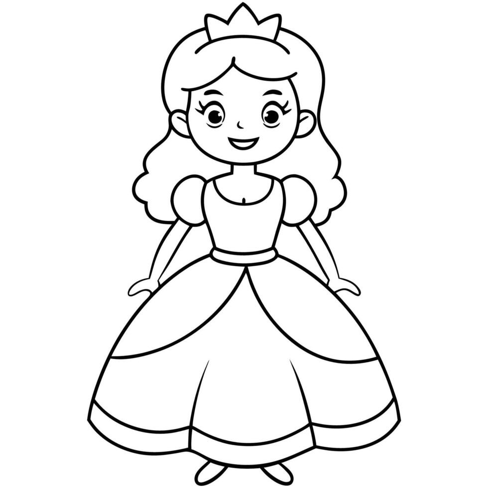 Cute cartoon princess wearing a crown and smiling, Black and white drawing of a princess wearing a crown and smiling vector