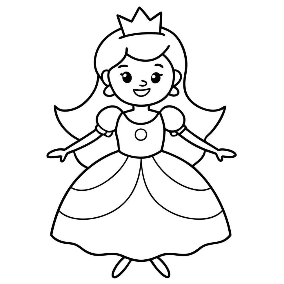 Cute cartoon princess wearing a crown and smiling, Black and white drawing of a princess wearing a crown and smiling vector