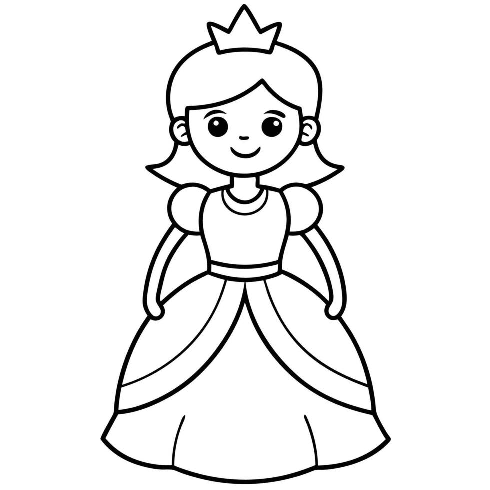 Cute cartoon princess wearing a crown and smiling, Black and white drawing of a princess wearing a crown and smiling vector