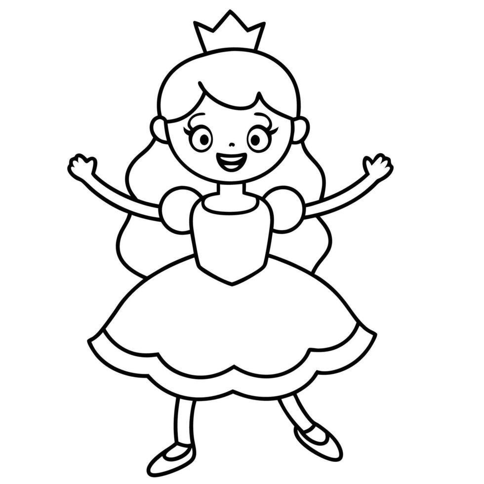 Cute cartoon princess wearing a crown and smiling, Black and white drawing of a princess wearing a crown and smiling vector