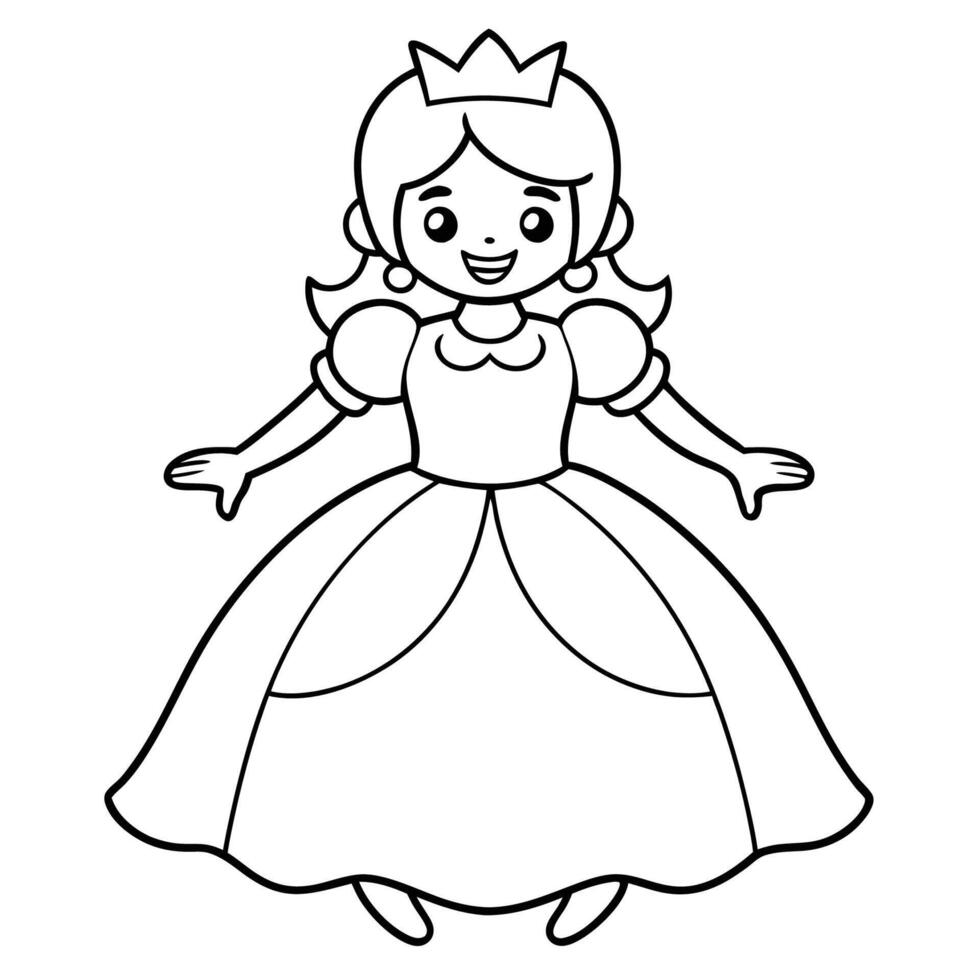 Cute cartoon princess wearing a crown and smiling, Black and white drawing of a princess wearing a crown and smiling vector