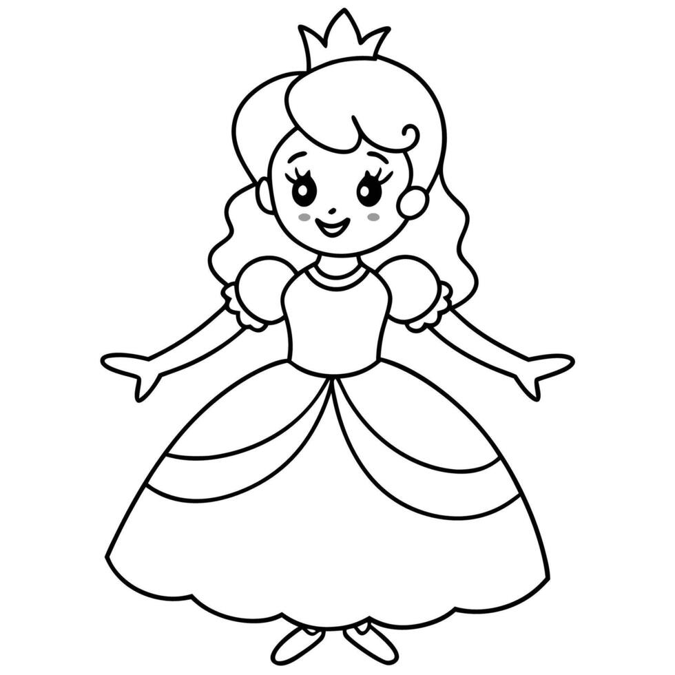 Cute cartoon princess wearing a crown and smiling, Black and white drawing of a princess wearing a crown and smiling vector