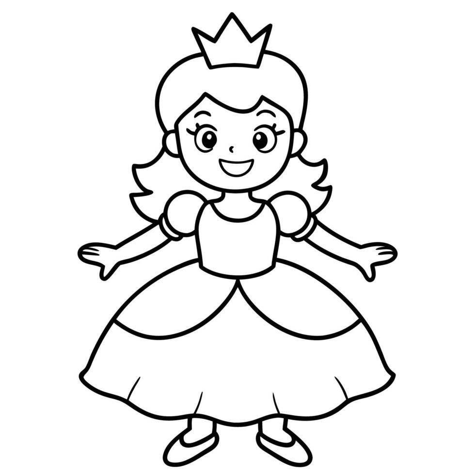 Cute cartoon princess wearing a crown and smiling, Black and white drawing of a princess wearing a crown and smiling vector