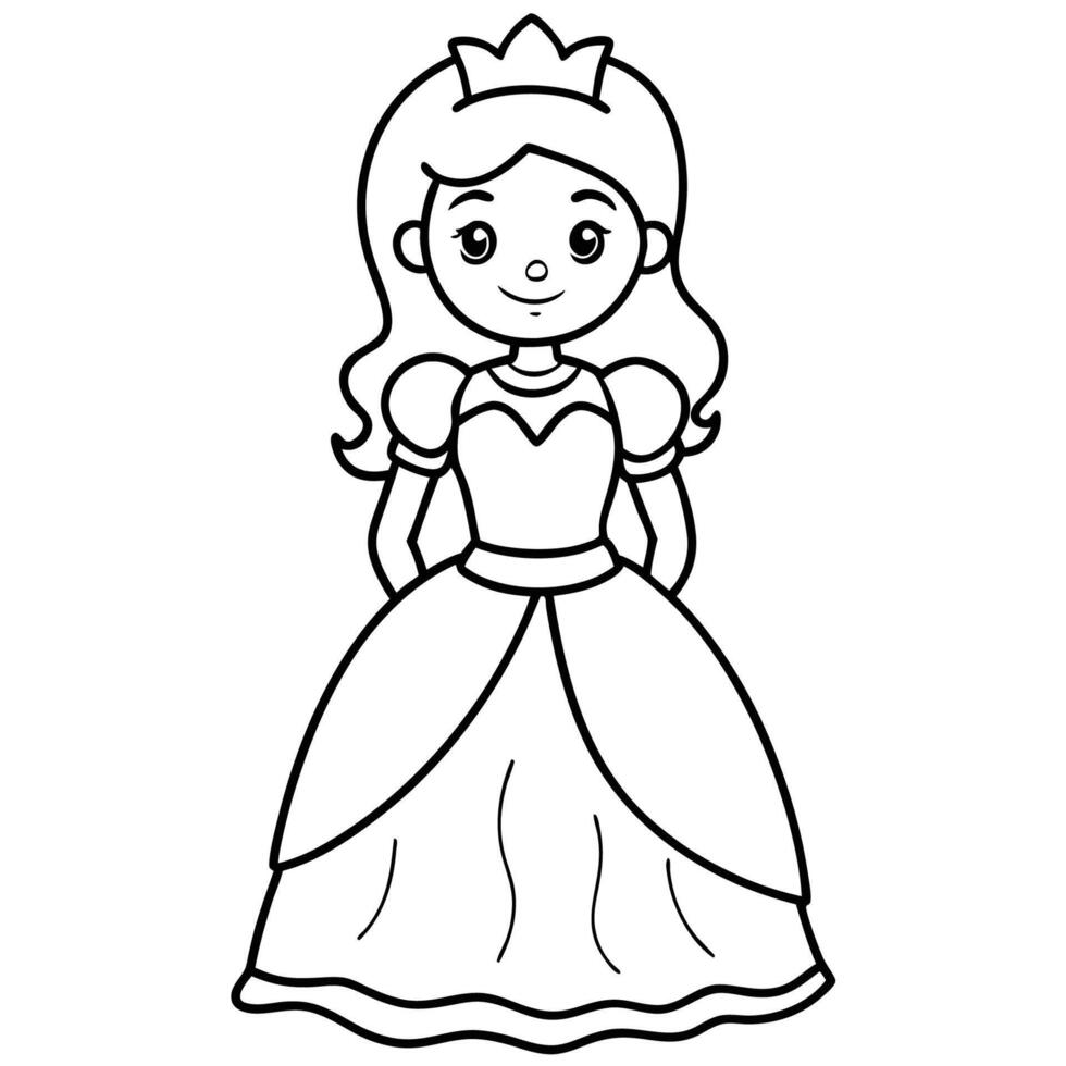 Cute cartoon princess wearing a crown and smiling, Black and white drawing of a princess wearing a crown and smiling vector