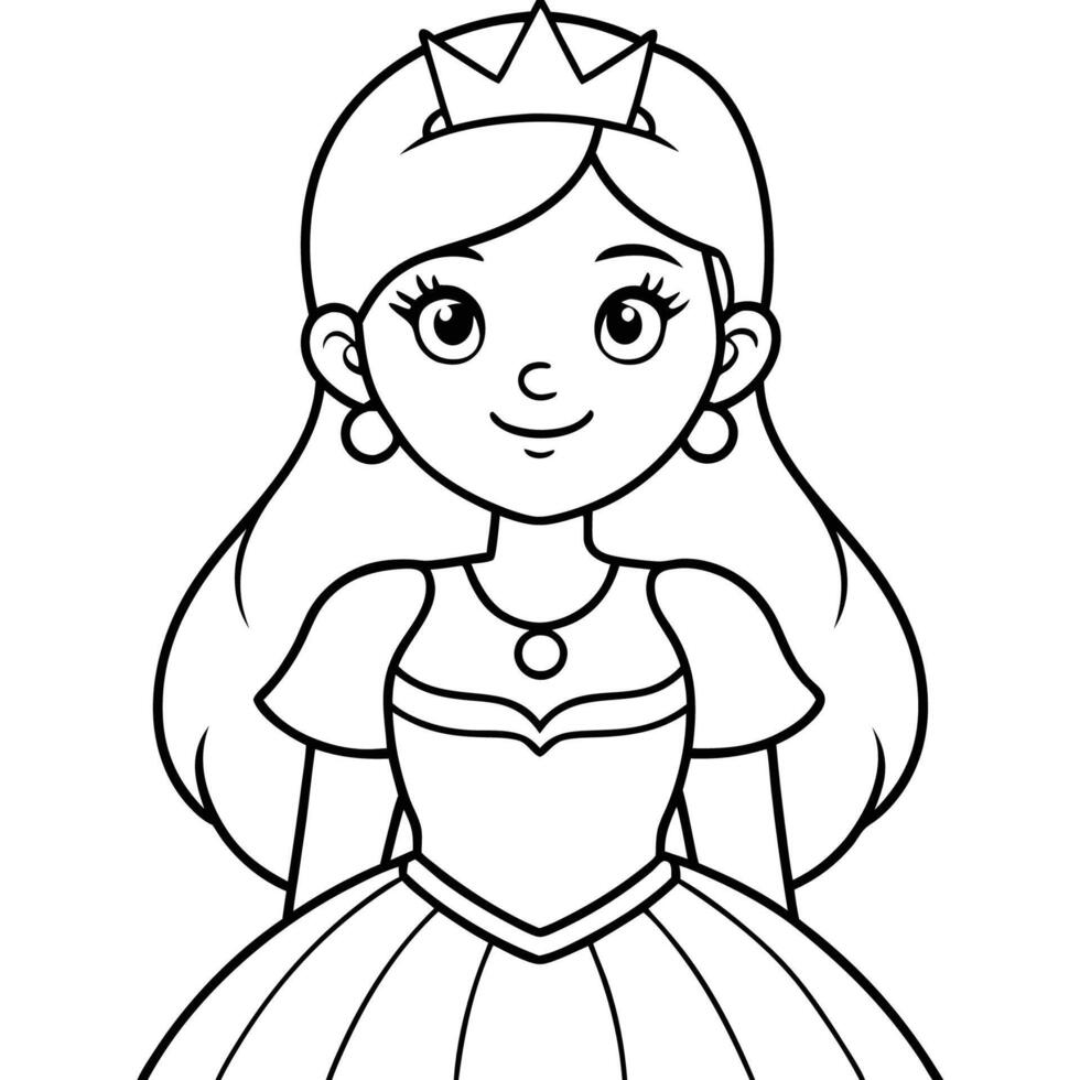 Cute cartoon princess wearing a crown and smiling, Black and white drawing of a princess wearing a crown and smiling vector