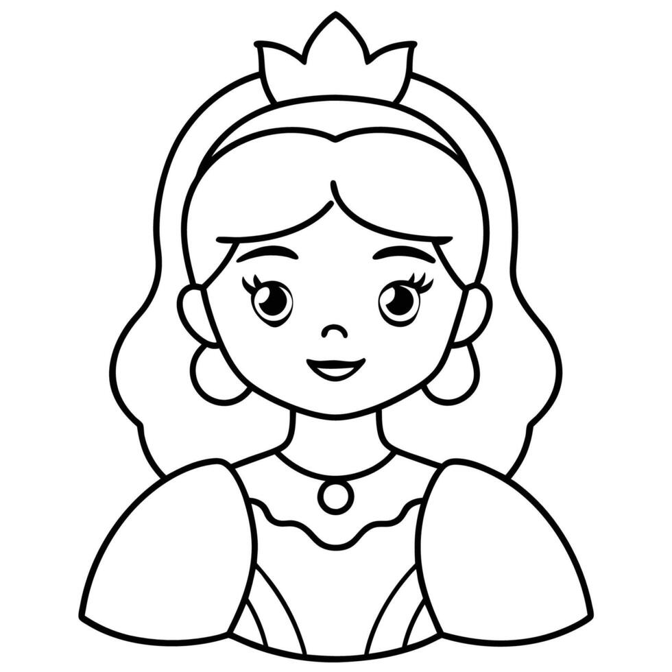 Cute cartoon princess wearing a crown and smiling, Black and white drawing of a princess wearing a crown and smiling vector