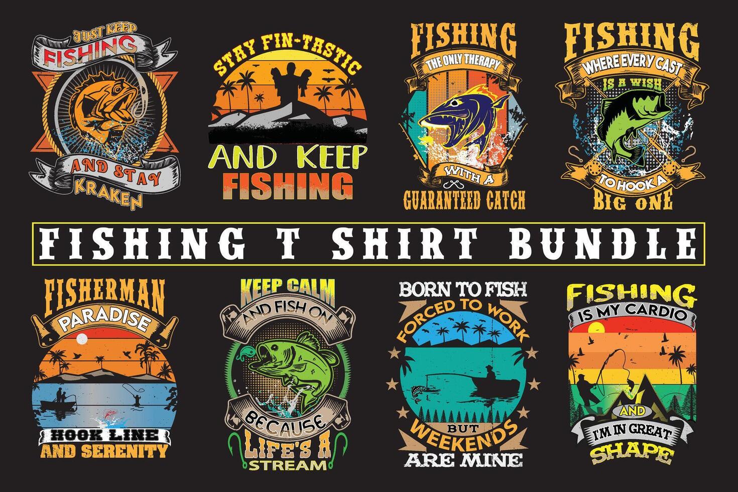 Fishing t shirt design, High quality fishing t shirt bundle, print on demand vector