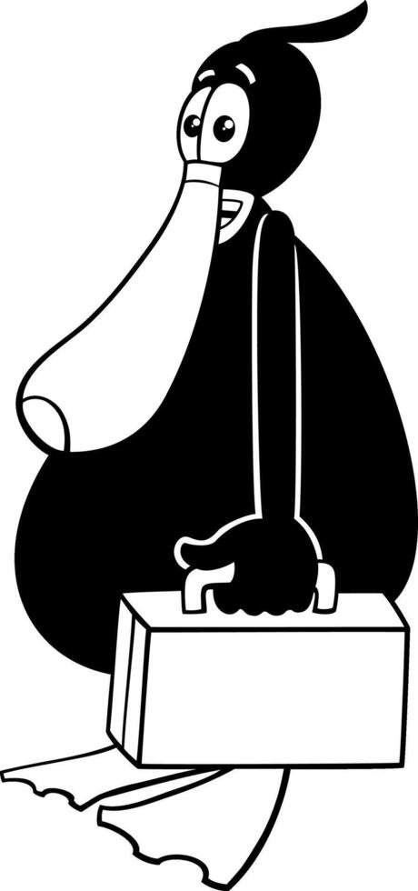 cartoon black duck animal character with briefcase coloring page vector