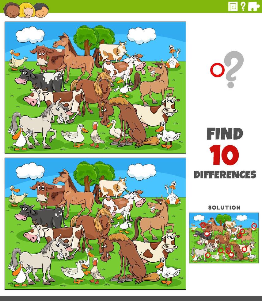 differences game with cartoon farm animals group vector