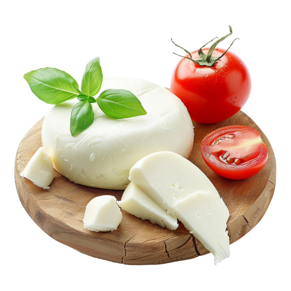White Cheese with Tomatoes on Wooden Plate on Transparent Background png