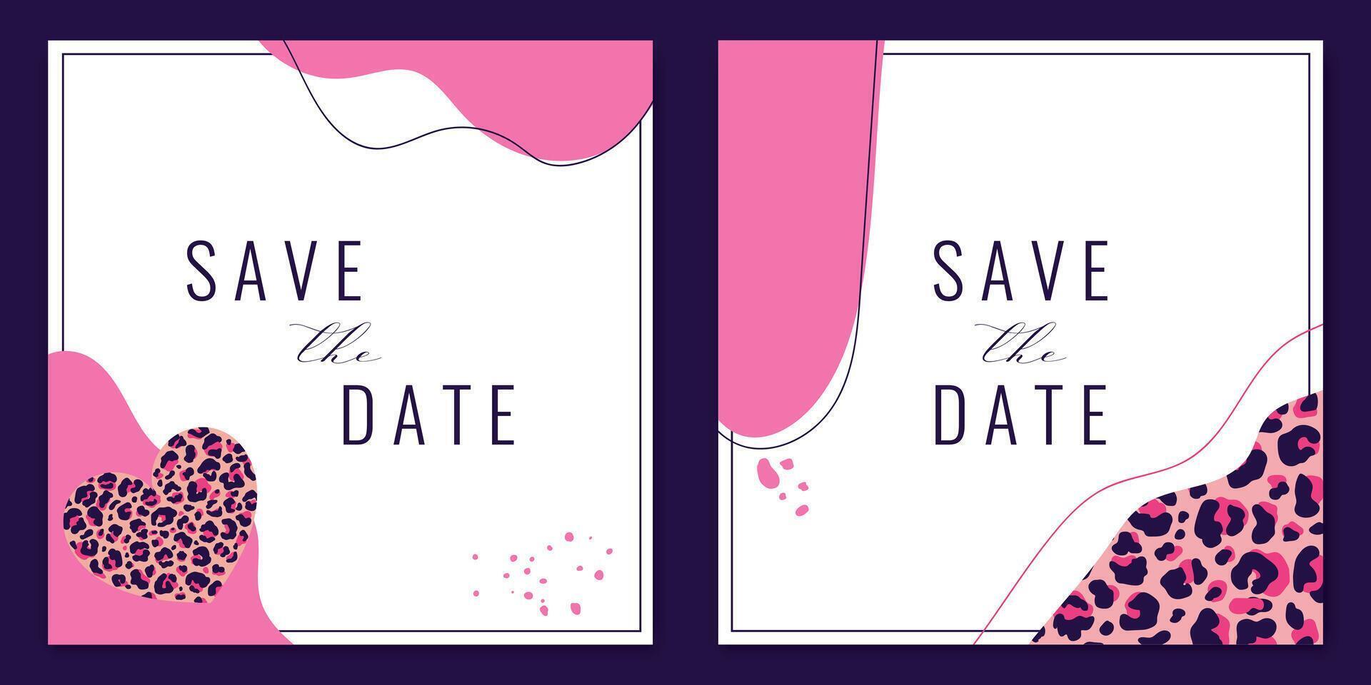 Save the date card templates decorated with leopard print, lines and shapes. illustration vector