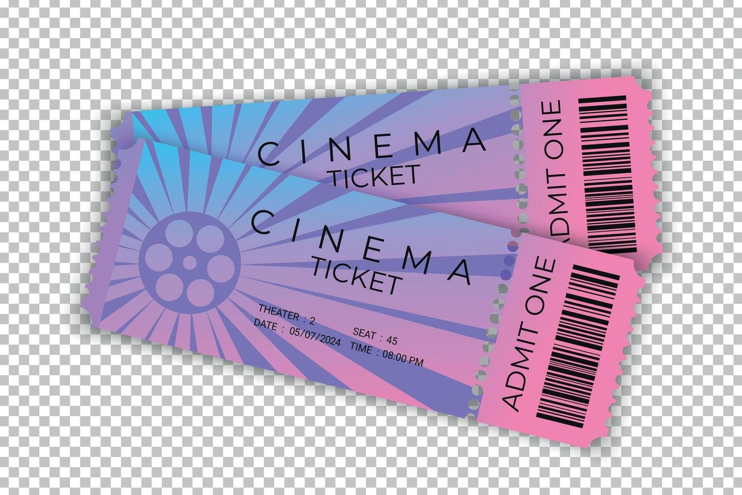 Two cinema tickets with barcode gradient colored. Front view. Cinema ticket template. illustration vector