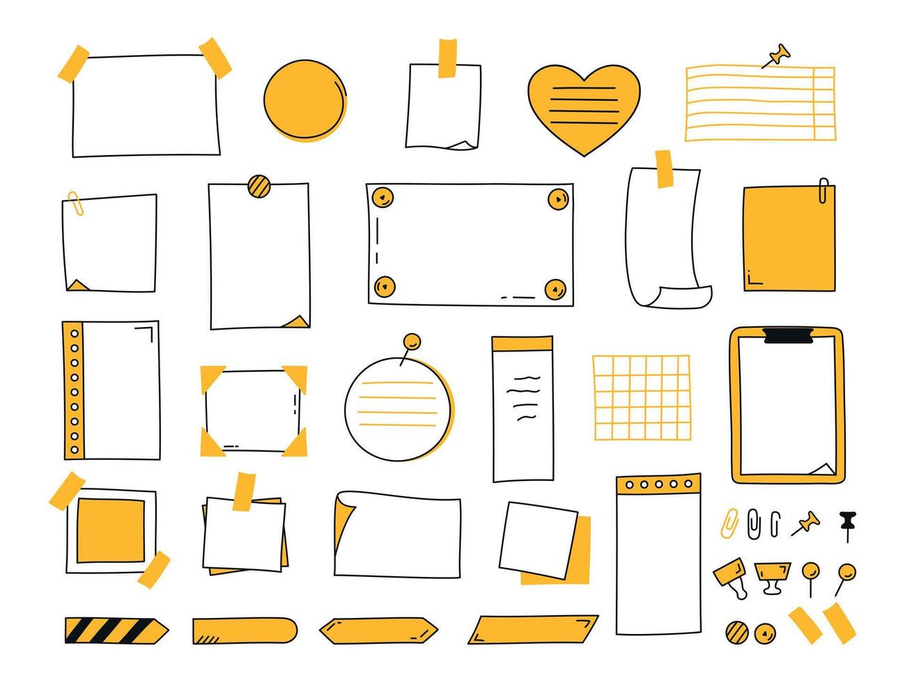 Doodle paper notes set in yellow color. Paper sheets, stickers, notepads and pins. For to do list and memo. illustration vector