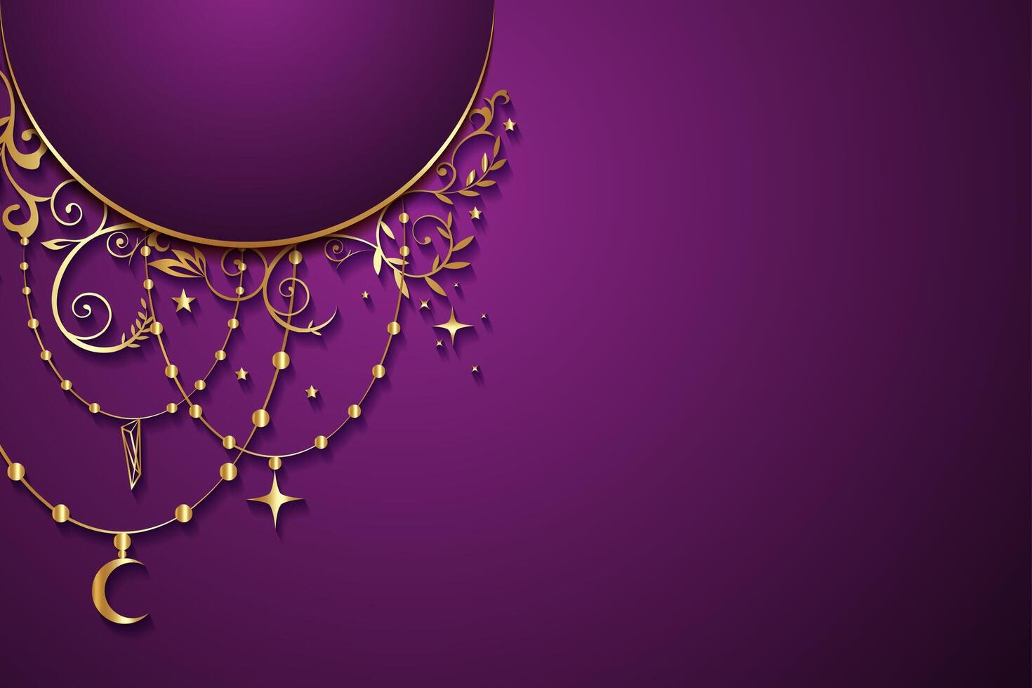 Mystic celestial golden frame with stars, floral, crescent, and copy space in boho style. Ornate magical banner with a place for text. gold border isolated on purple background vector