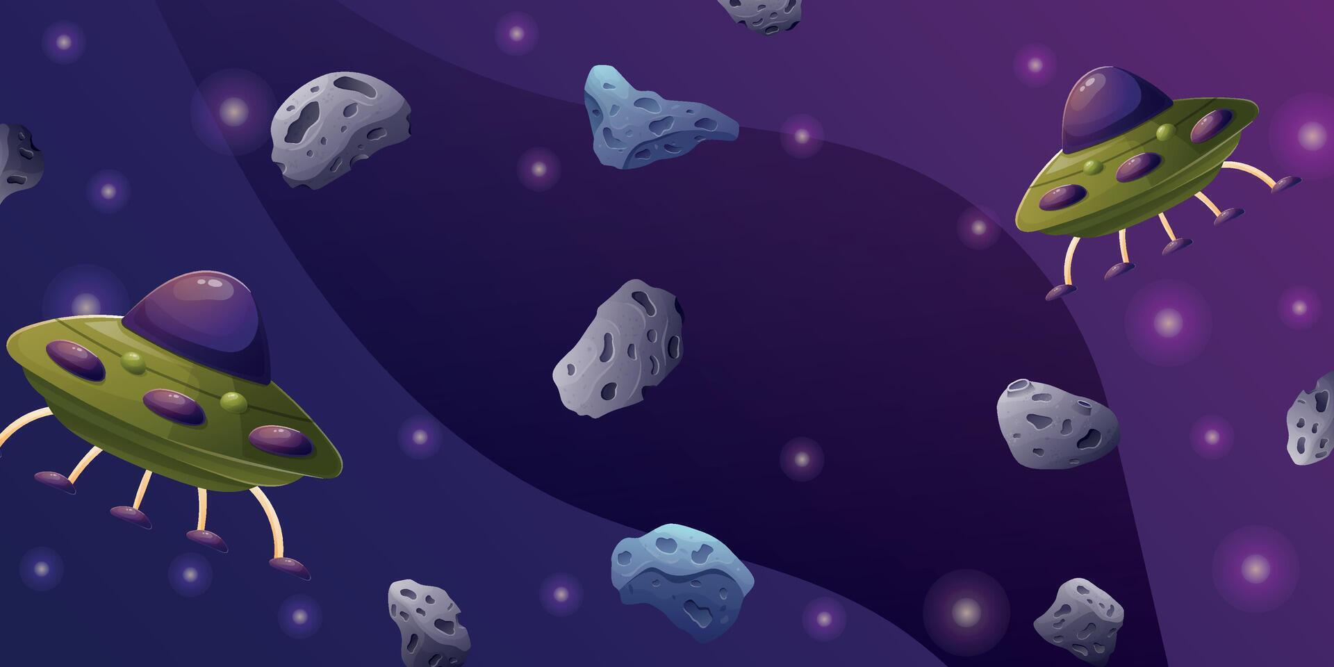 Boundless space with asteroids, stars and UFOs, flying saucers. horizontal cartoon background. vector