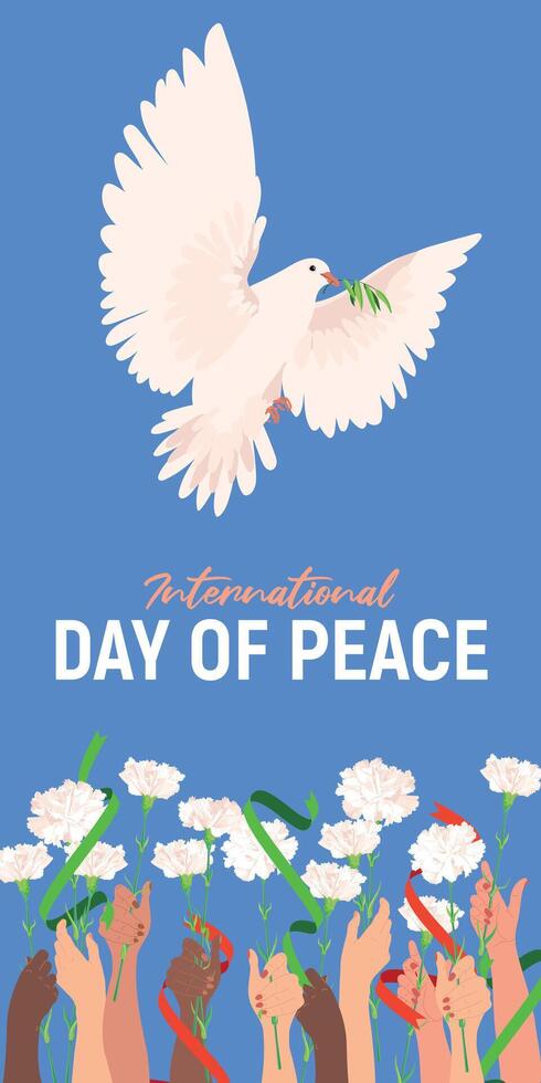 International Day of Peace. . Solidarity of the inhabitants of the Earth. White dove with an olive branch on a white background, raised hands of different peoples of the world with white flowers vector