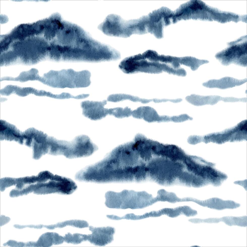 Abstract blue clouds and mountains seamless pattern. Hand drawn watercolor illustration isolated on white background. Indigo monochrome landscape backdrop, fabric and card designs, dress pattern vector