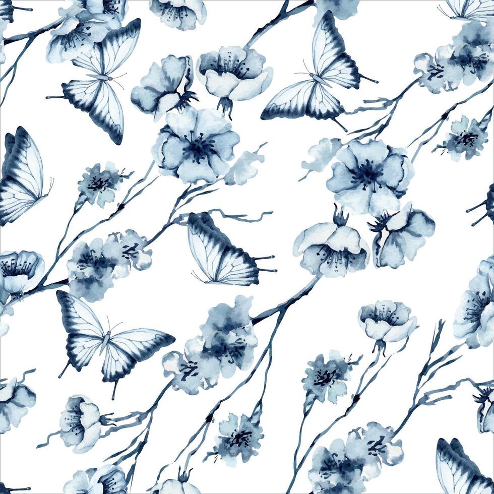 Cherry blossom with butterflies watercolor seamless pattern. Hand drawn isolated illustration on white background. Indigo Blue monochrome flowers on branch for textile patterns and beauty products vector